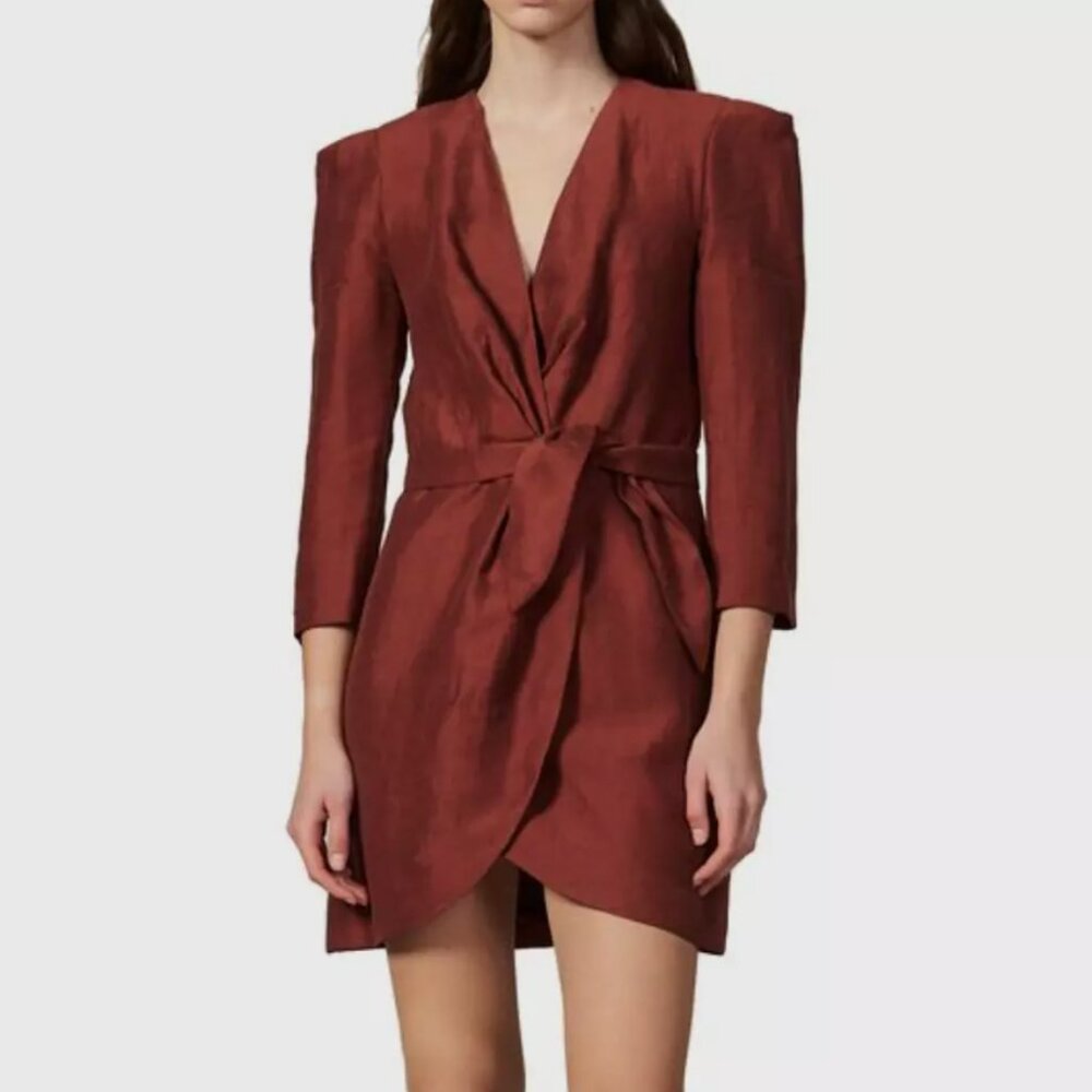 Sandro Paris Vera V Neck Tulip Hem Wrap Dress Burgundy Red Linen Blend
